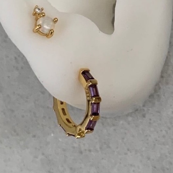 Modest Lu Jewelry - 18k Gold Princess Purple Crystal Pave Hoop Earrings 

Brand New